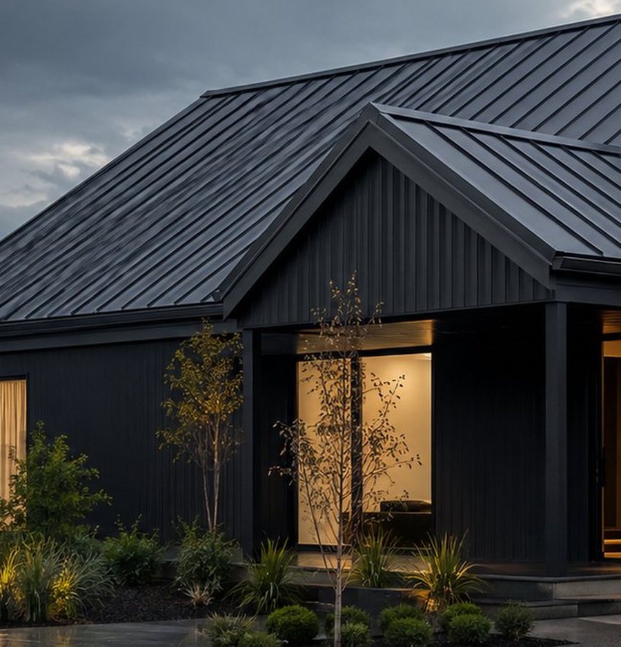 Close detail of a dark metal roof installed by Iron Ridge Roofing